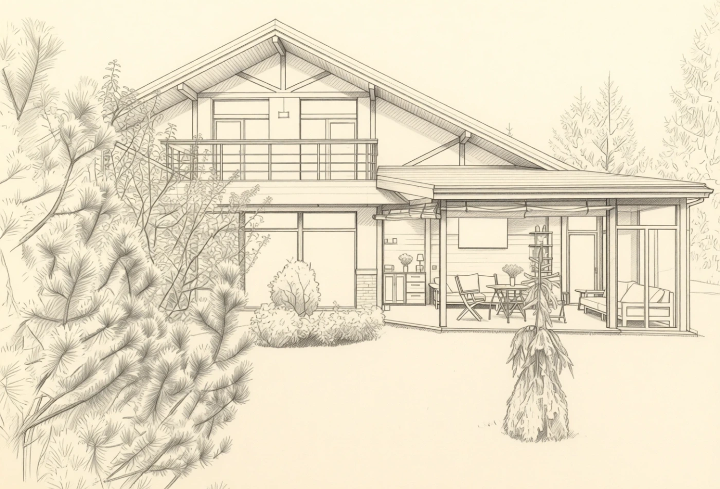 Tentýž dům jako architektonická tužková skica