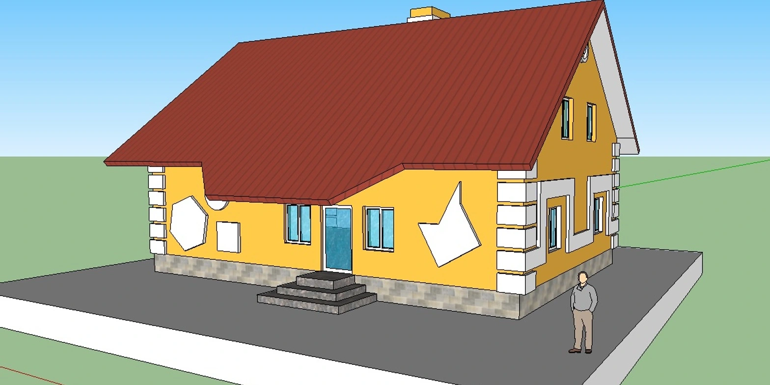 Jednoduchý SketchUp model žlutého domu s červenou střechou
