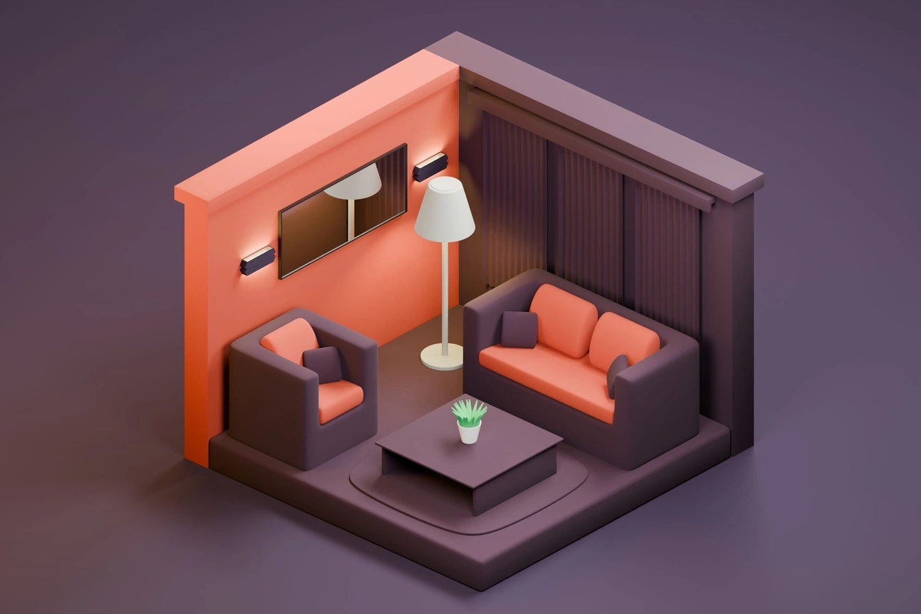 Původní stylizovaný izometrický pokoj s hladkými barevnými materiály